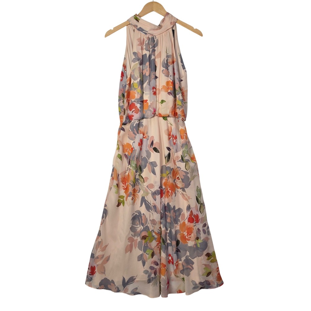 Adrianna Papell Womens 6 Floral Chiffon Halter Midi Dress Wedding Guest
